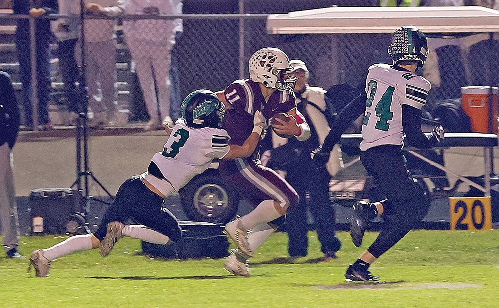 Rhinelander’s Rylee Hull attempts to tackle Fox Valley Lutheran’s Braden Heiges during the first quarter of a WIAA Division 3 football playoff game in Appleton Friday, Oct. 23. Heiges accounted for 443 yards of combined offense and five touchdowns as the Foxes beat the Hodags, 54-14.